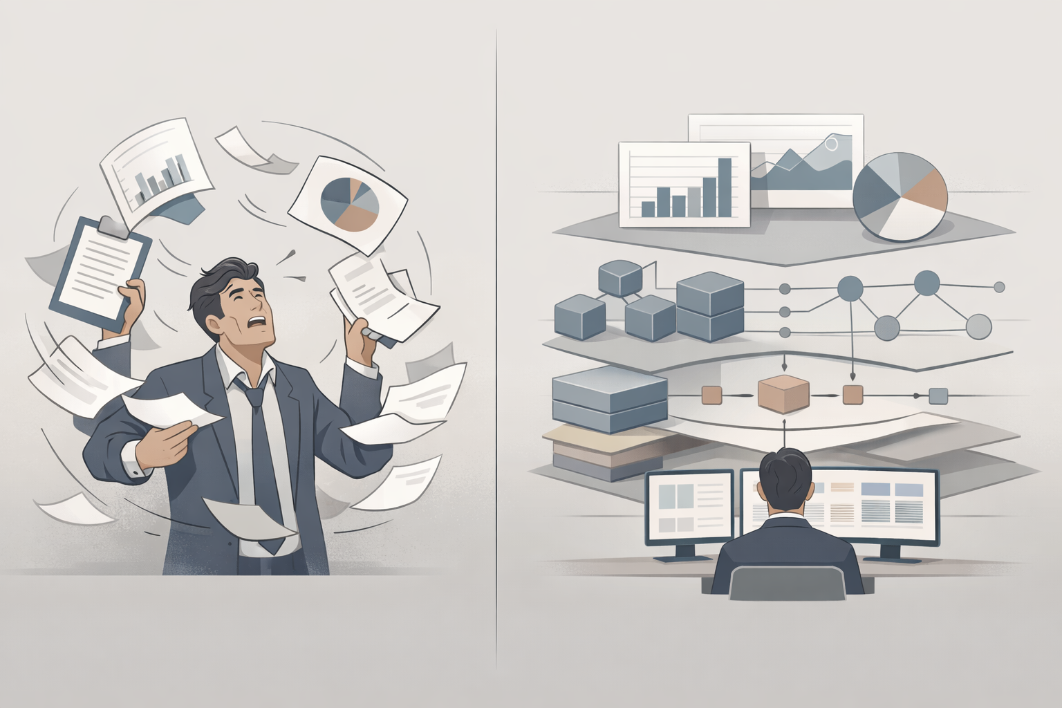Man overwhelmed by papers contrasted with organized data visualization.
